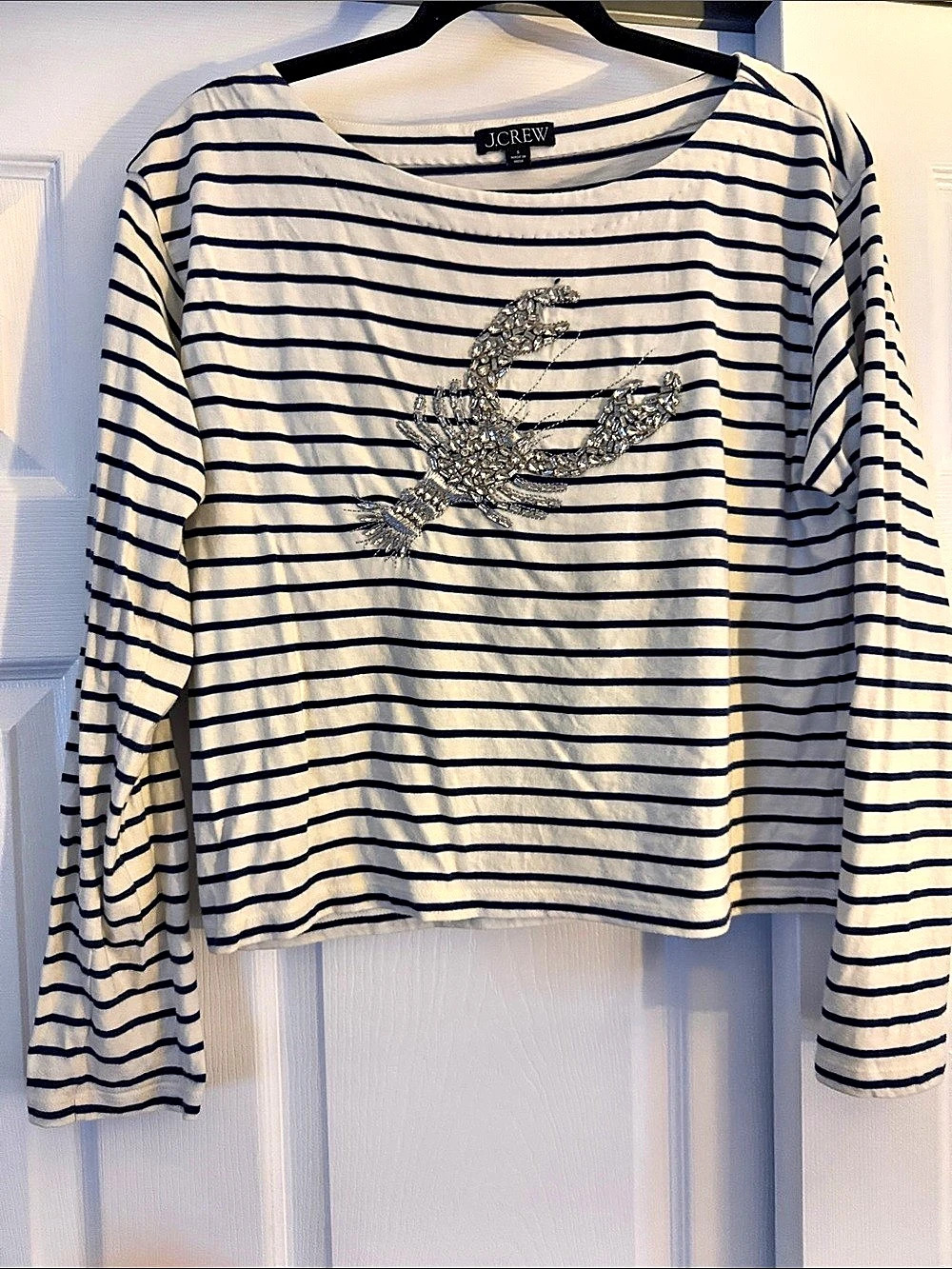 J.Crew Embellished Lobster Striped Tee White & Blue Small
